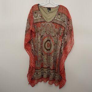 LOVE by CHESLEY kaftan tunic dress with kimono sleeves Womens Large Coral Tan‎